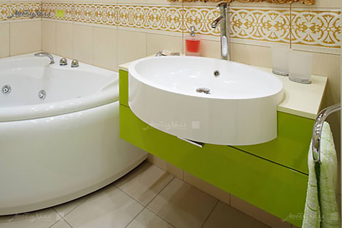 Комплект мебели для ванной из акрила яркого зеленого цвета со столешницей из кварцевого камня