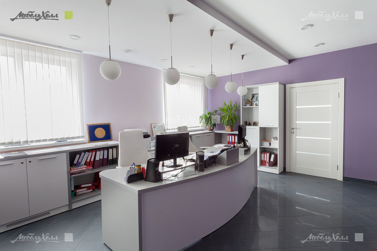 Стильная светлая мебель для офиса из белого и светло-серого МДФ