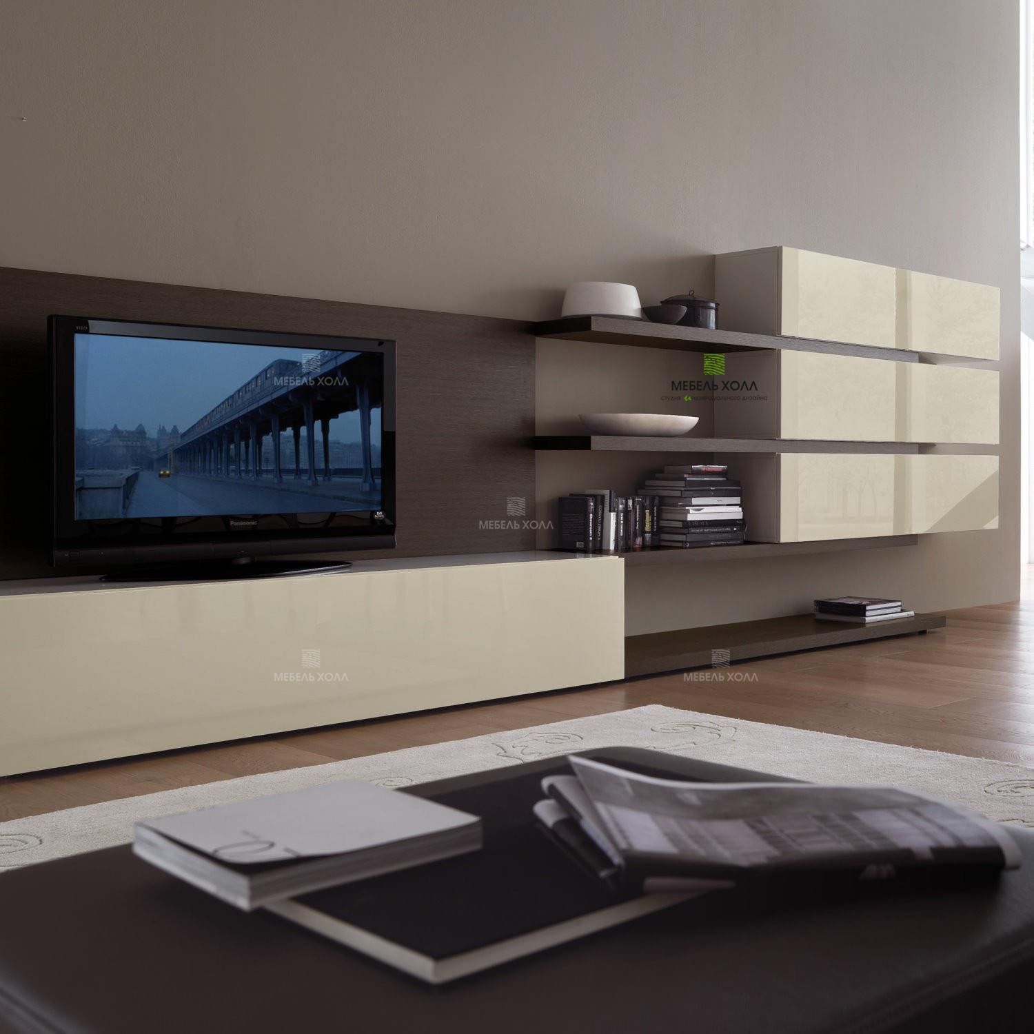 Удобная современная мебель для гостиной изготовлена из ДСП и МДФ
