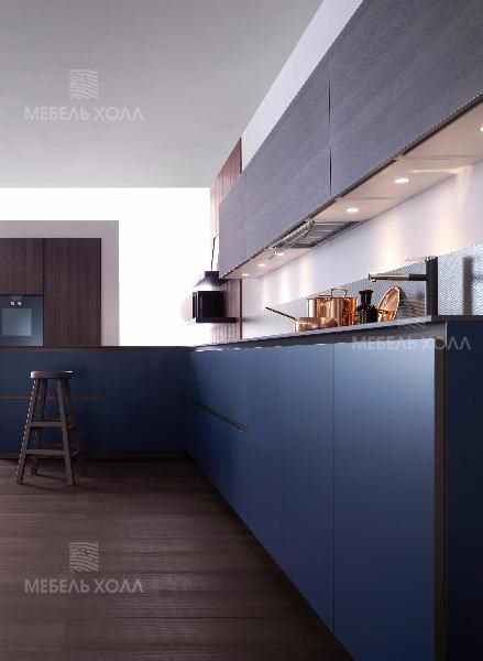 Современная минималистичная кухня из МДФ и ДСП, столешница из компакт-плиты, оснащена встроенной подсветкой