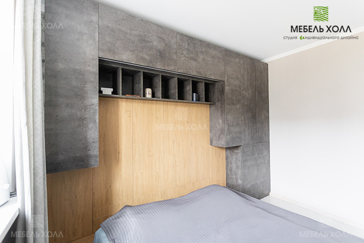 Мебель в спальню, выполнена из качественной ЛДСП цвета бетон и дерева.
