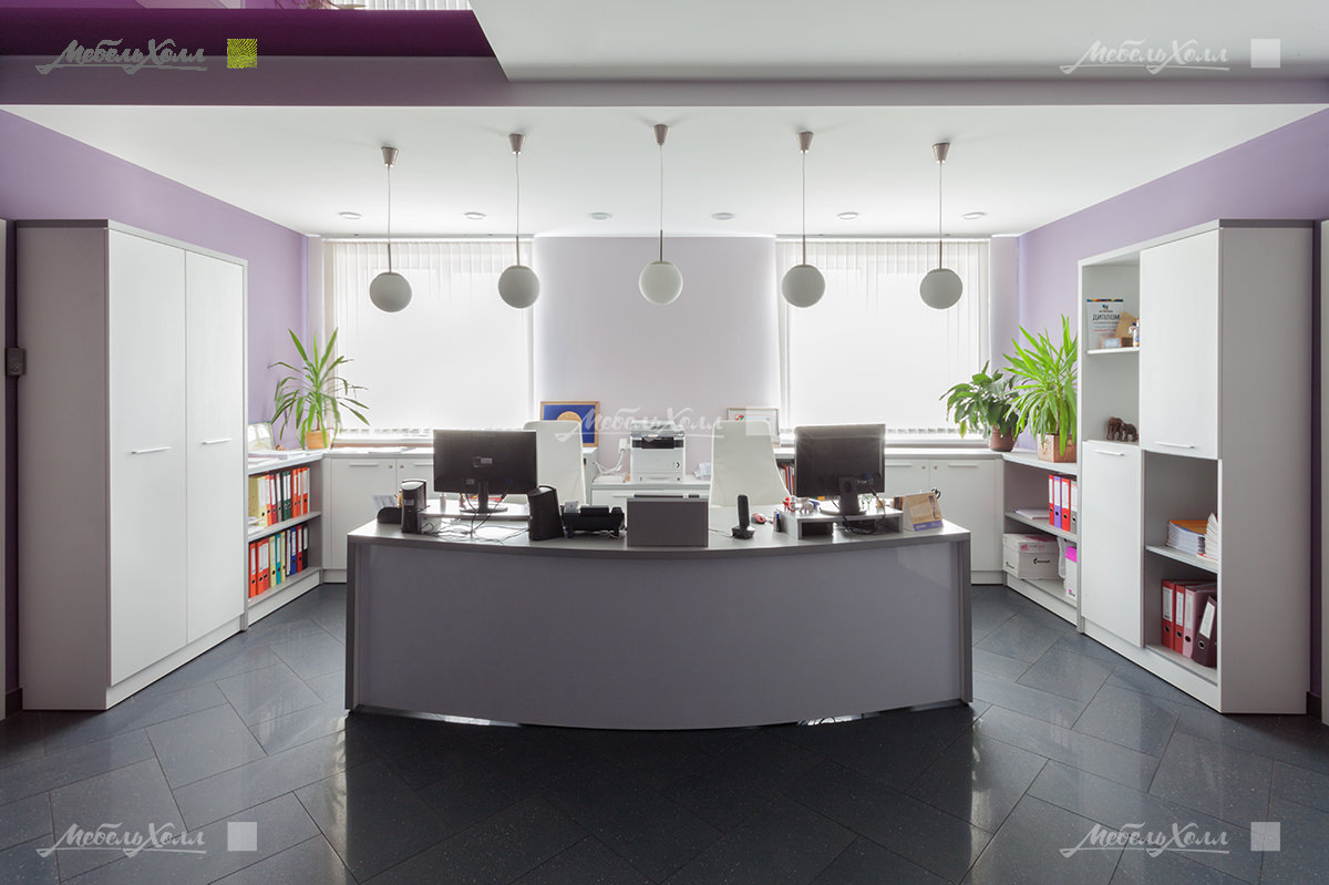 Стильная светлая мебель для офиса из белого и светло-серого МДФ