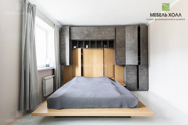 Мебель в спальню, выполнена из качественной ЛДСП цвета бетон и дерева.