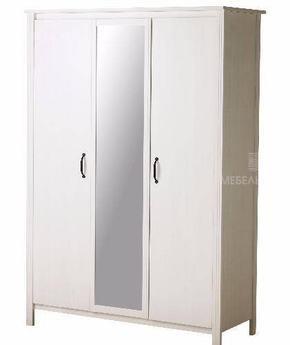 Шкаф платяной 3-дверный, из белого массива ольхи, с зеркальной дверцей
