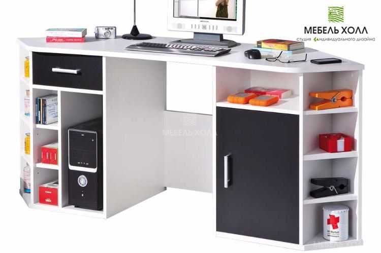 Многофункциональный стол для работы на PC с отделением для системного блока  из белого ДСП  с контрастными вставками из черного пластика