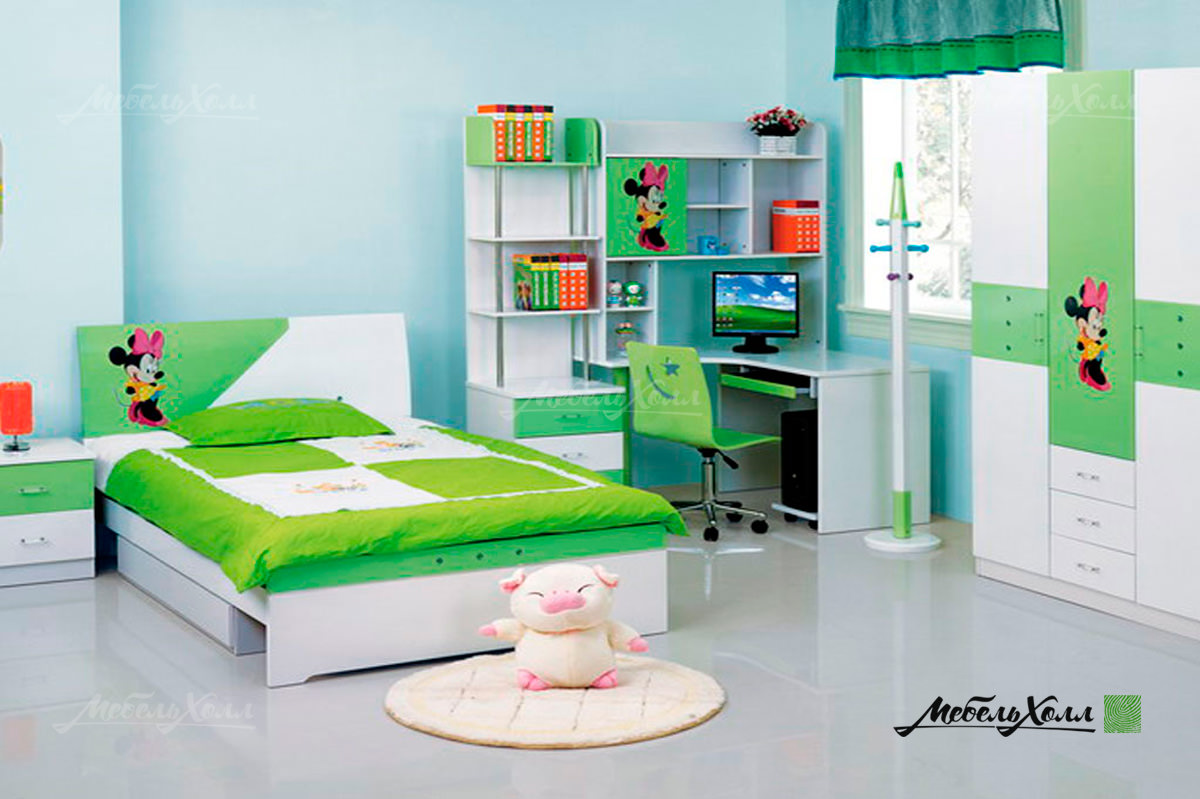 Стильная мебель для детской в бело-зеленых тонах из МДФ: шкаф, компьютерный стол, кровать и тумбочка