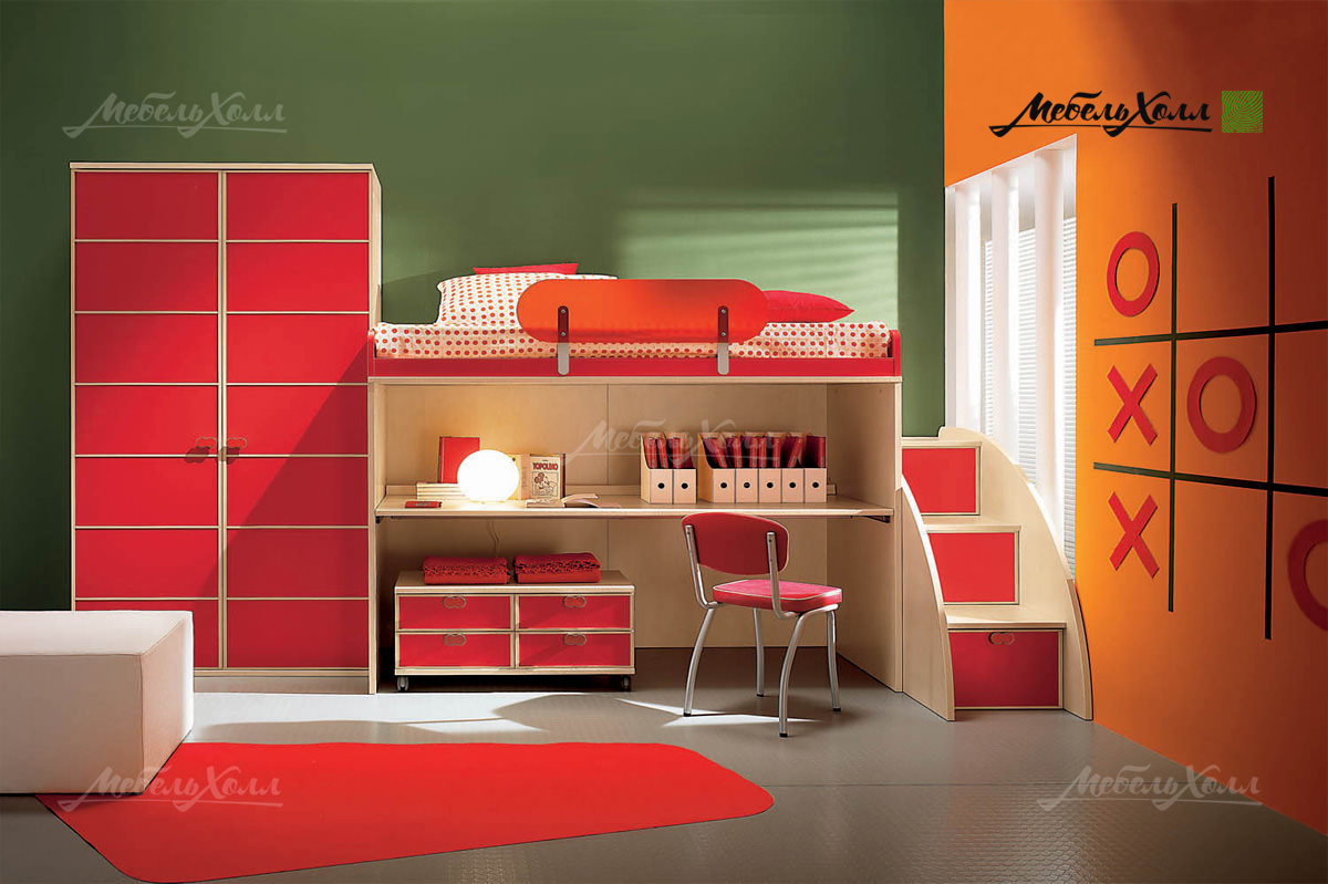 Стильная мебель для детской небольшой площади в ярких цветах из МДФ  c фурнитурой Blum