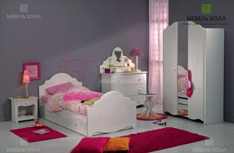 Мебель белого цвета из фрезерованного МДФ для детской комнаты девочки  