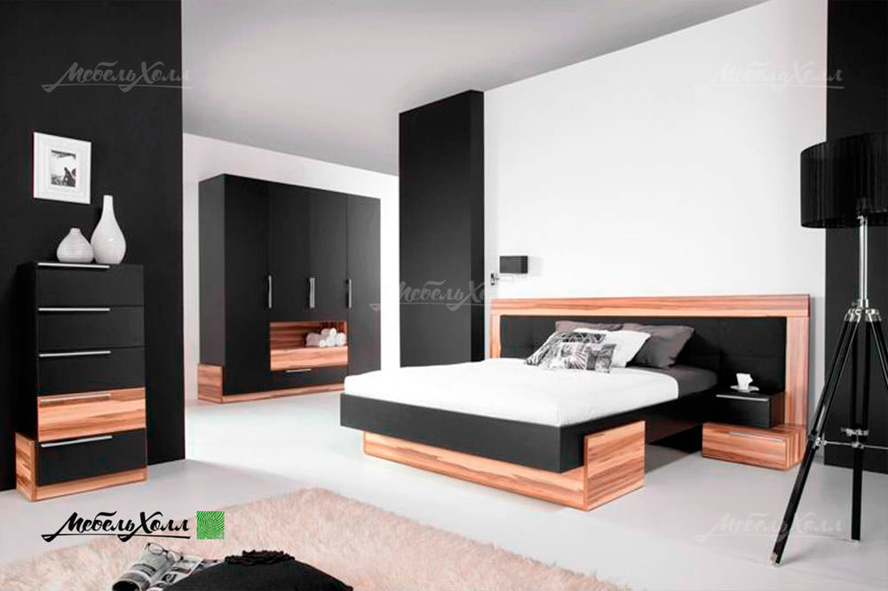 Стильная мебель для спальни черного цвета из пластика Fenix со вставками из шпона с оригинальной кроватью, корпусным шкафом и комодом