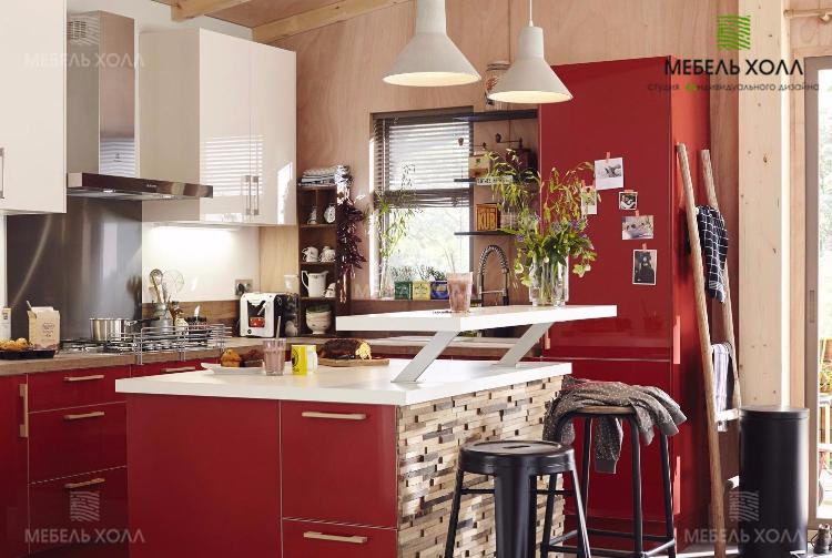 Угловая кухня с белым и красным глянцевым акриловым фасадом со столешницей из постформинга 