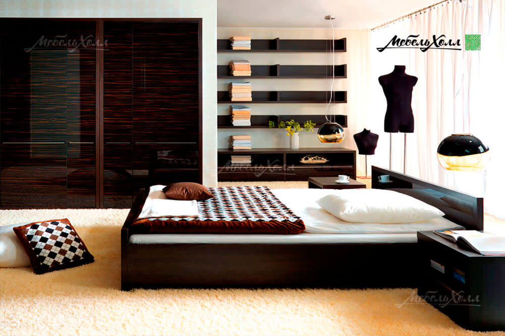 Изысканная темная мебель для спальни из МДФ и акрила: кровать, корпусный шкаф, навесные полки, комод и прикроватные тумбы