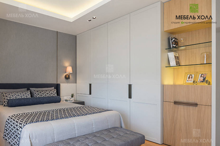 Комплект мебели для спальни: шкафы выполнены из крашенного МДФ, стеллаж и рабочее место из шпона
