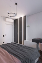Мебель для спальни: белый шкаф для одежды, прикроватные тумбы, подвесная консоль и туалетный столик со светодиодной подсветкой
