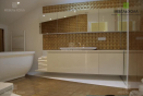 Мебель для ванной из водостойкого глянцевого МДФ с зеркальными фасадами в навесных шкафчиках